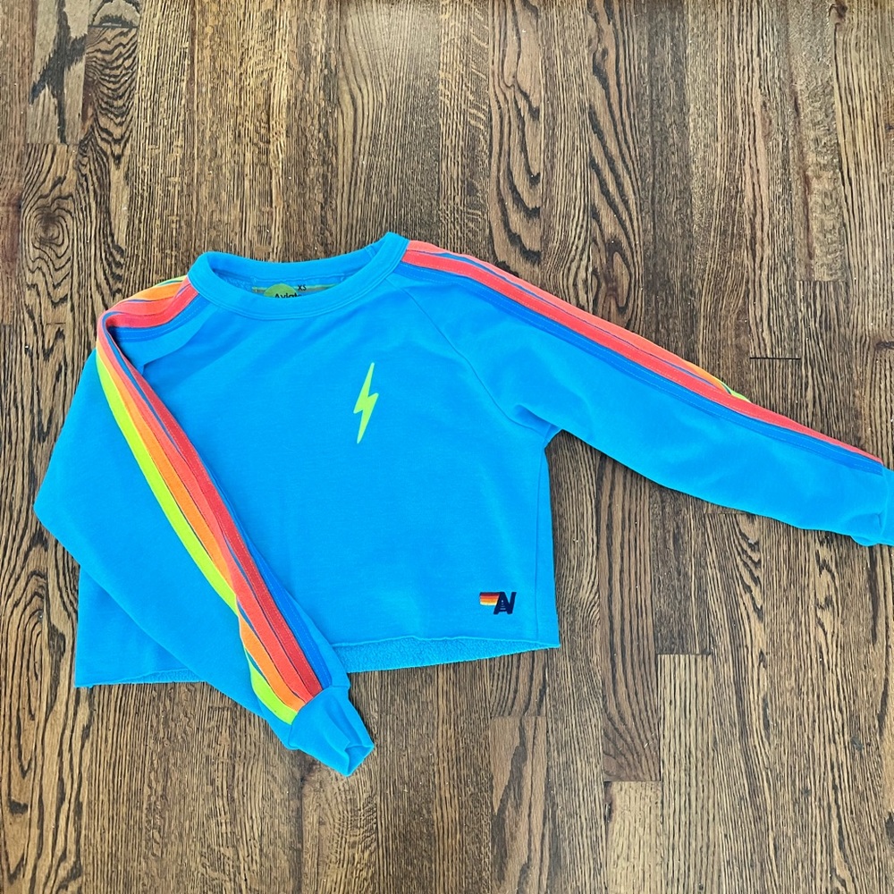 Aviator nation 5 stripe teal bolt cropped sweatshirt